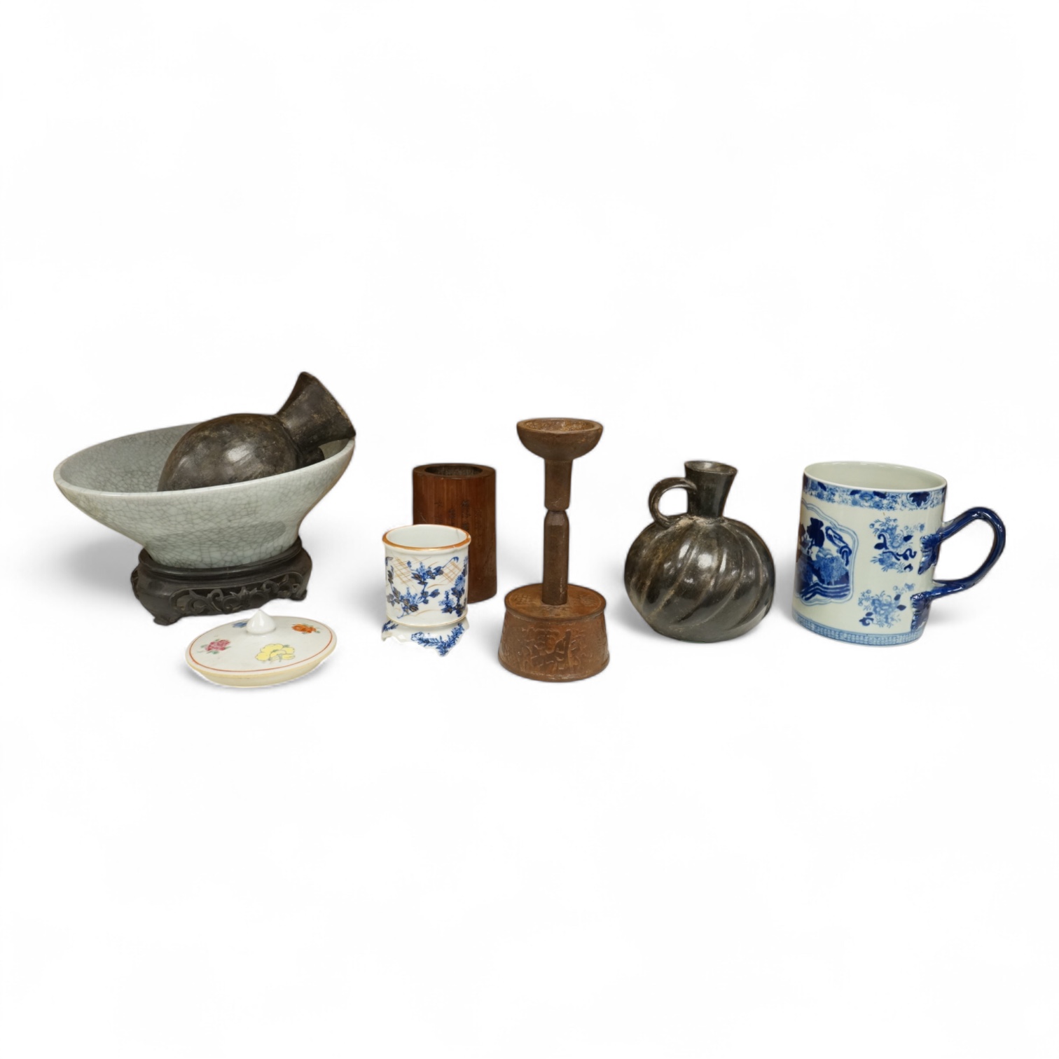 Oriental items to include a crackleglaze bowl on stand and a bamboo brush pot, together with two other vessels, largest 27cm in diameter